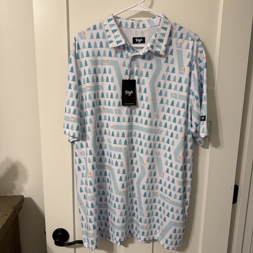 Waggle Golf Polo Men's 2XL White Green Wolf Forest Fairway AOP Performance - NWT